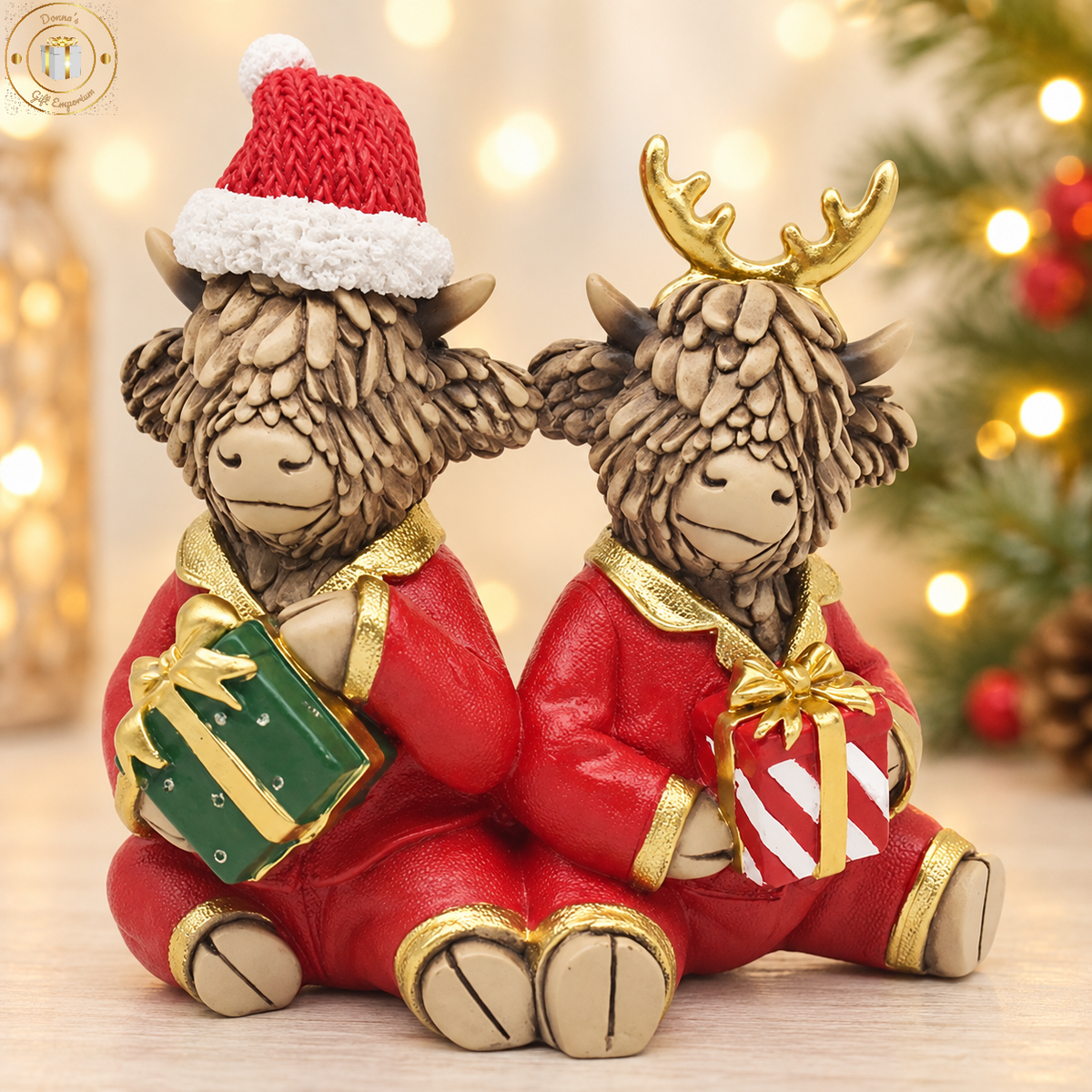 Christmas Highland Cow Pajama Couple With Gifts