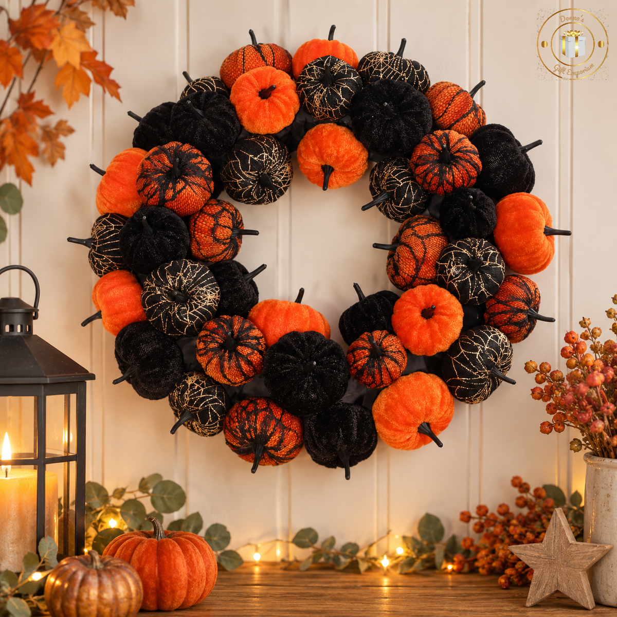 Orange & Black Spider Web Pumpkin Halloween Wreath - 38cm