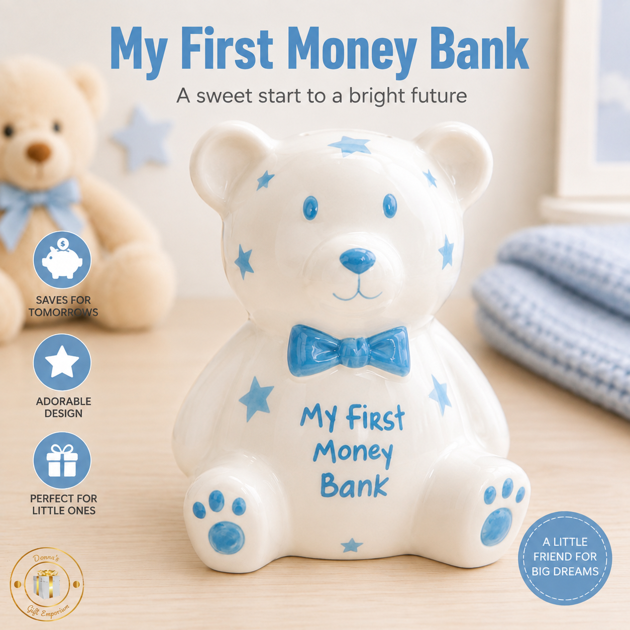 Baby's First Money Bank - Boy Blue Teddy