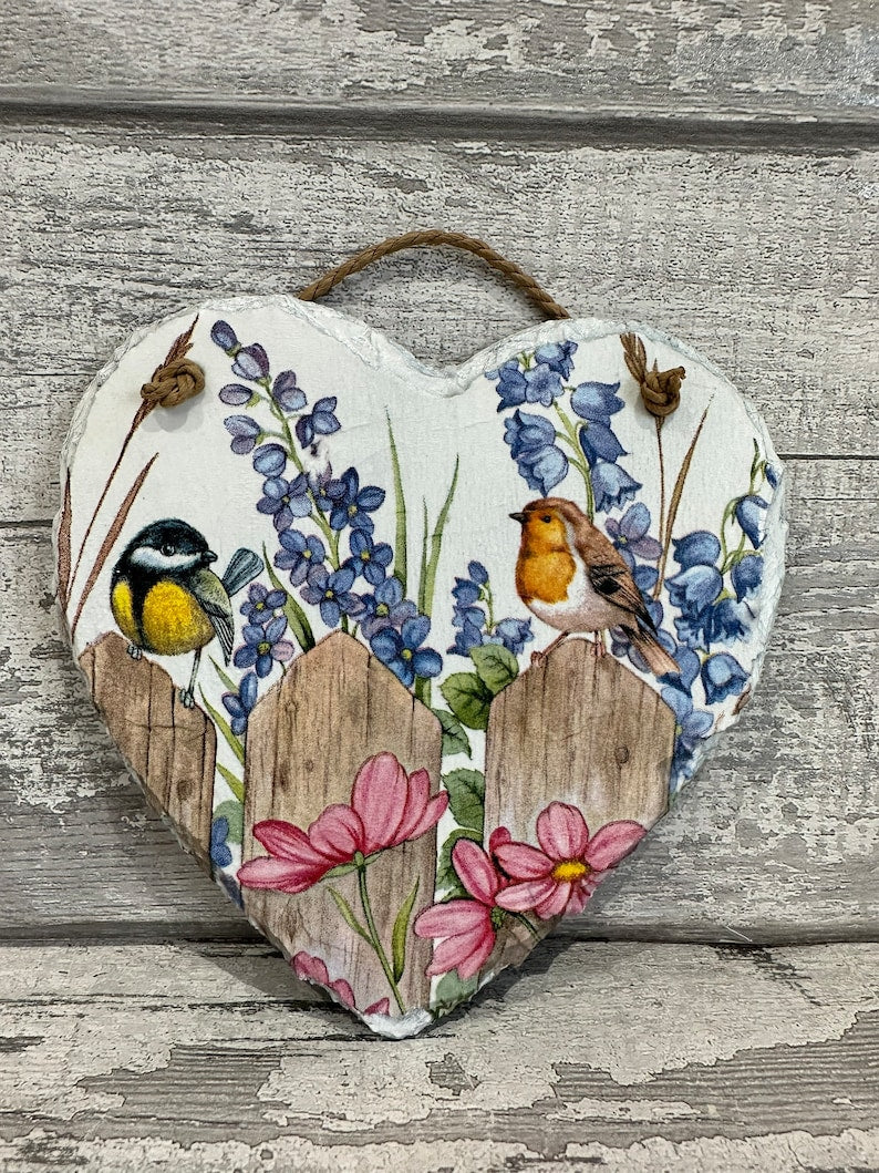 Slate Heart Garden Birds Sign With Robin