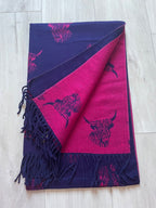 Cashmere Highland Cow Scarf - Navy/Fuchsia