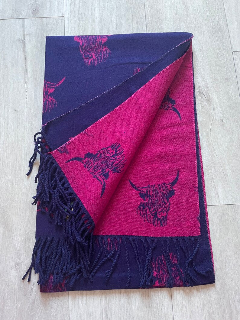 Cashmere Highland Cow Scarf - Navy/Fuchsia