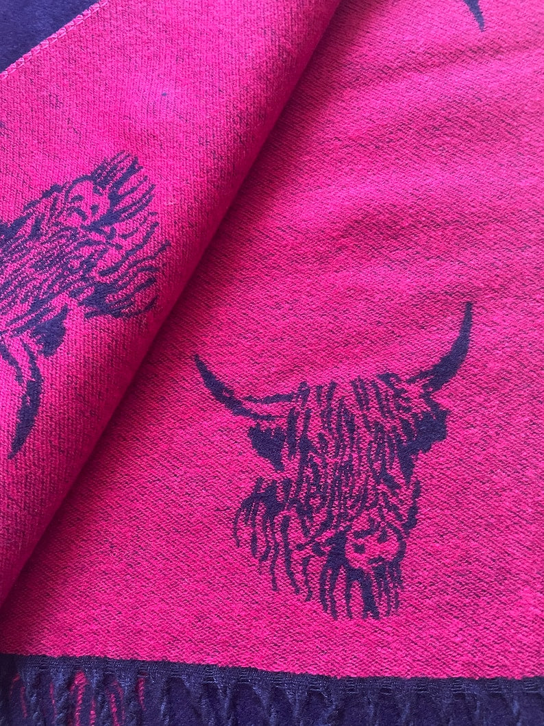 Cashmere Highland Cow Scarf - Navy/Fuchsia