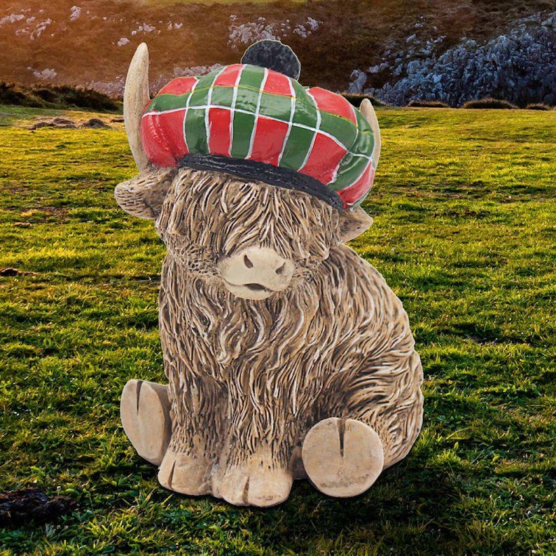 Highland Cow With Red & Green Tartan Hat