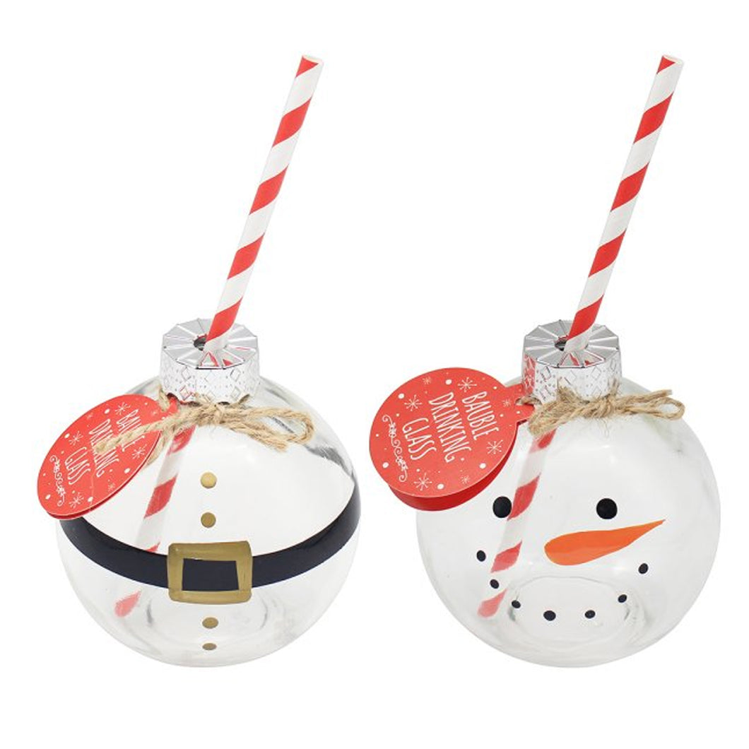 Set of 2 Christmas Character Glass Bauble Drinking Glasses with Paper Straws and Punch Recipe