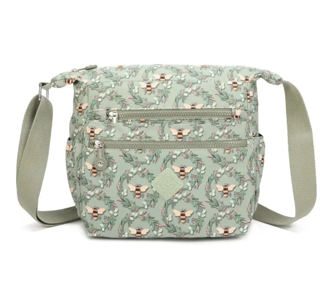 Lightweight Multi-Pocket Crossbody Bag in Bee & Olive Leaf Print