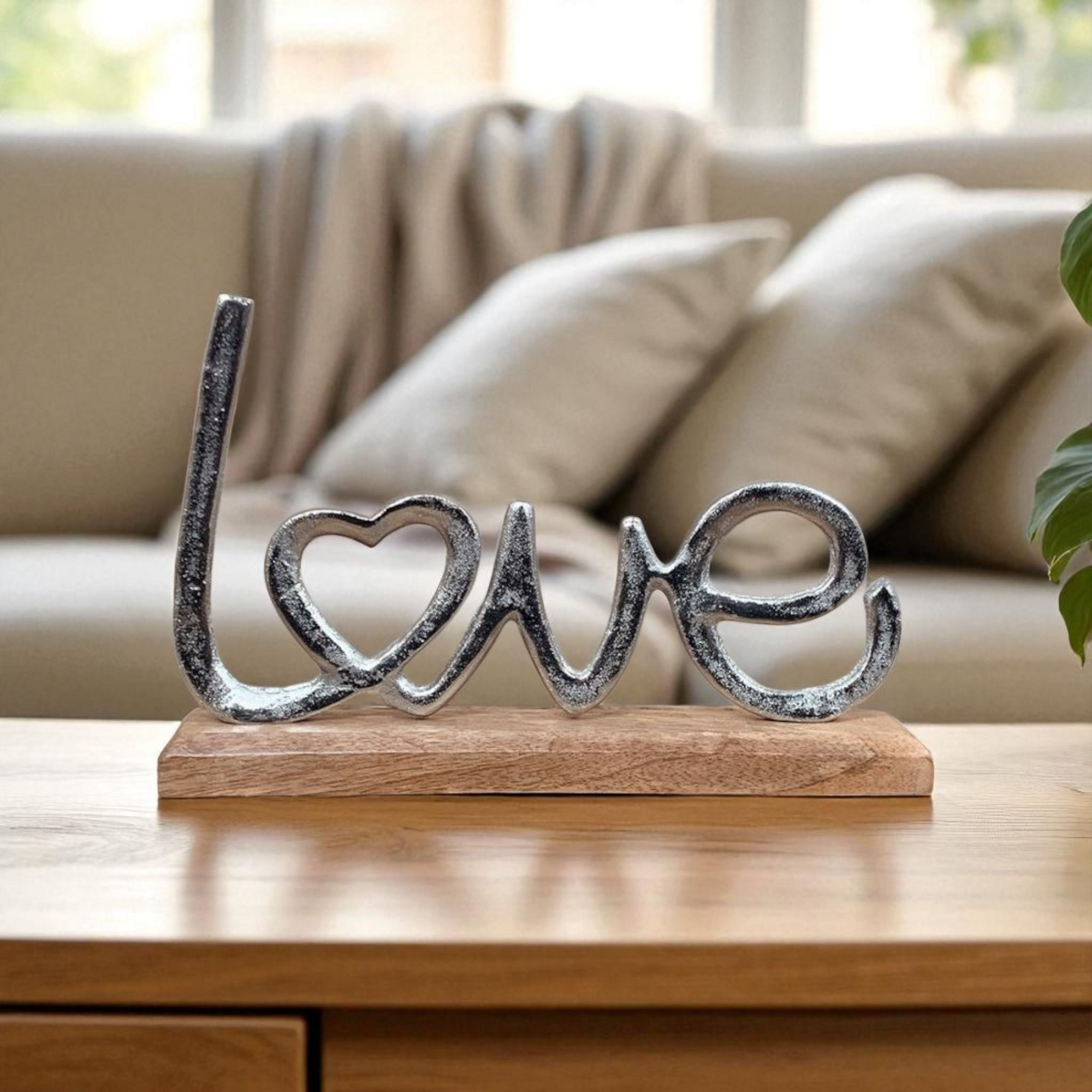 Silver LOVE On Wood Base