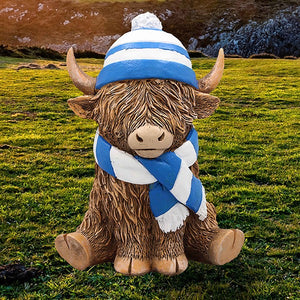 Highland Cow With Blue Hat & Scarf