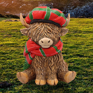 Highland Cow With Red & Green Tartan Hat & Scarf