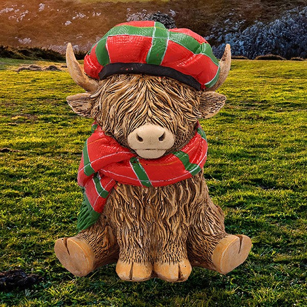 Highland Cow With Red & Green Tartan Hat & Scarf