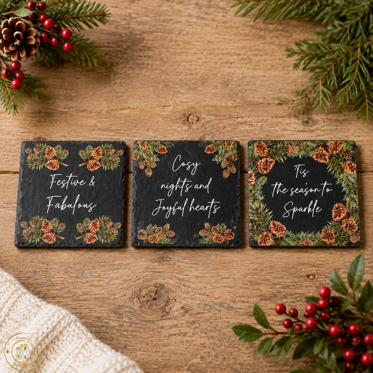 Festive Christmas Slate Coasters – Fabulous/ Cosy / Sparkle