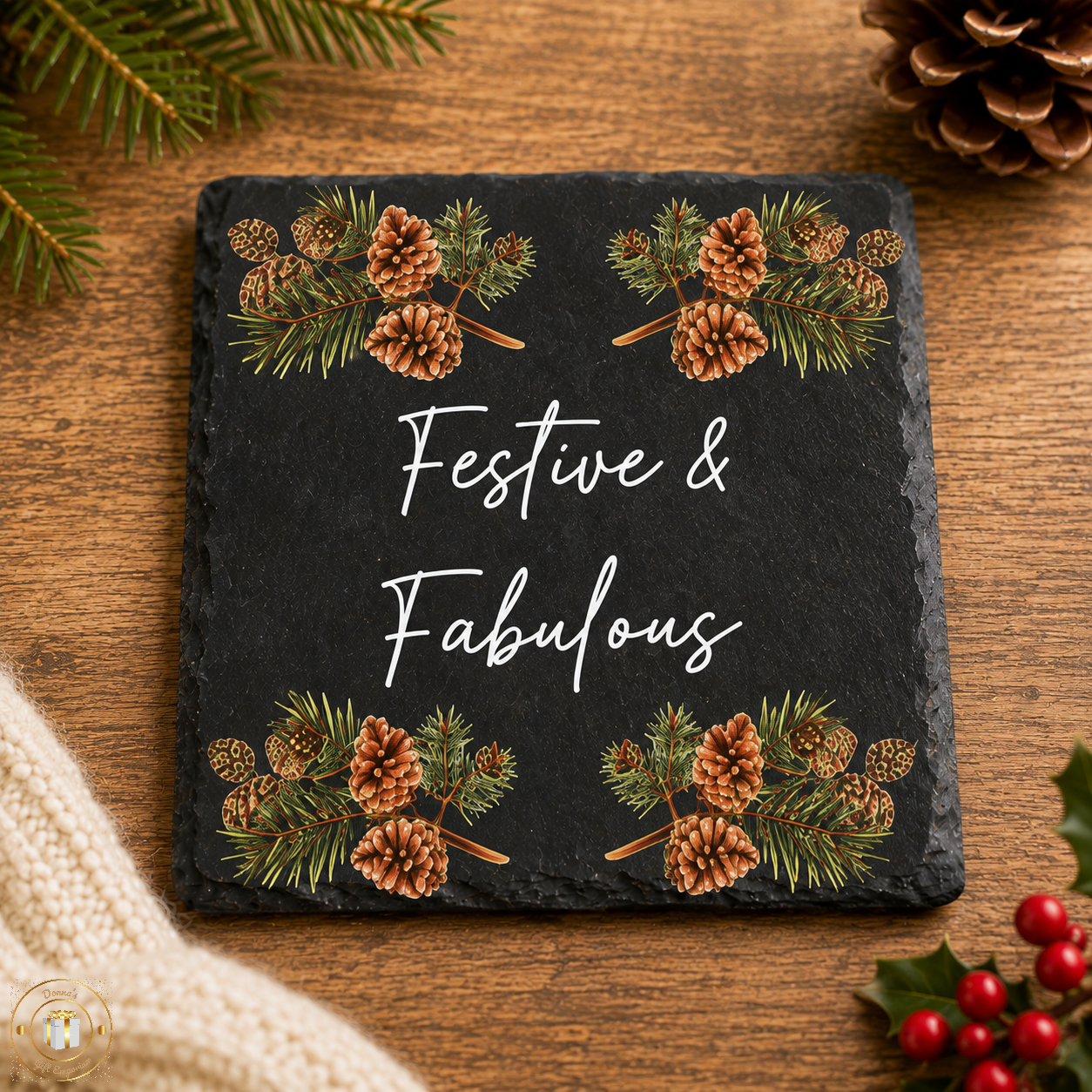 Festive Christmas Slate Coasters – Fabulous/ Cosy / Sparkle