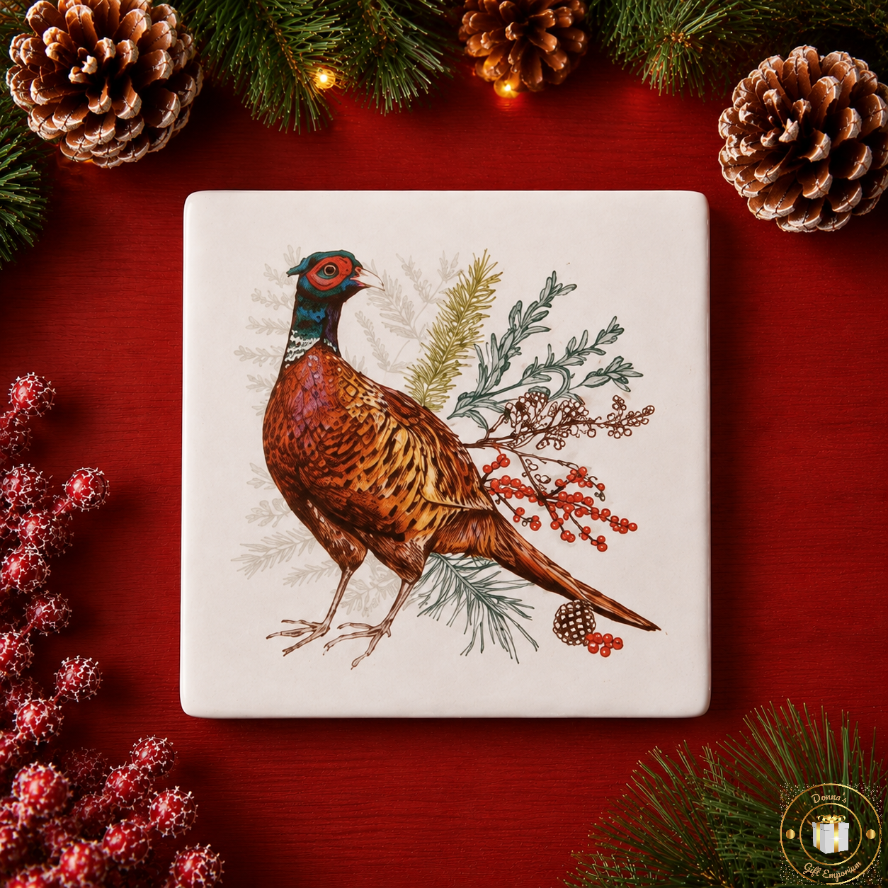 Woodland Pheasant Coaster – Festive Ceramic Coaster