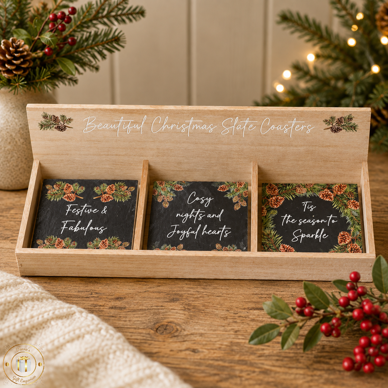 Festive Christmas Slate Coasters – Fabulous/ Cosy / Sparkle