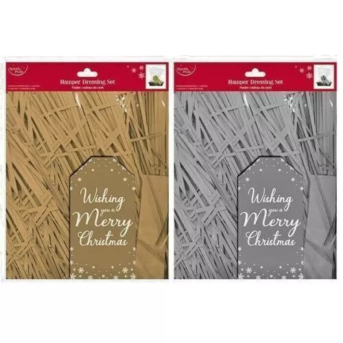 North Pole Hamper Dressing Set - Gold / Silver - Shredded Tissue, Bow, Tag & Cellophane