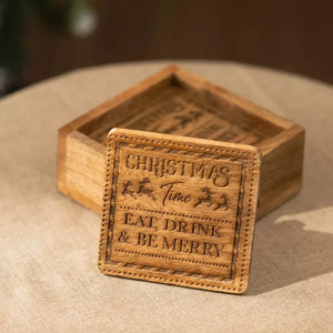 Set Of 4 Laser Engraved Mango Wood Christmas Coasters | Festive Coaster Set | Christmas Coasters