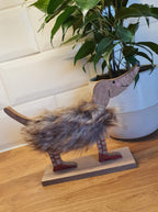 Fluffy Wooden Dog with Red Boots