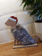 Fluffy Wooden Dog with Santa Hat