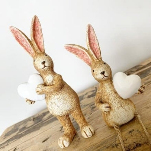 Sophie & Suzie - Bunny Rabbits Holding White Hearts - Pair