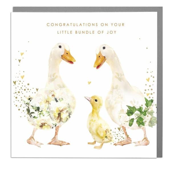 New Baby - Congratulations On Your Little Bundle Of Joy - Floral Ducks Card .