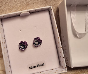 Violet Pansy Silver Plated Stud Earrings