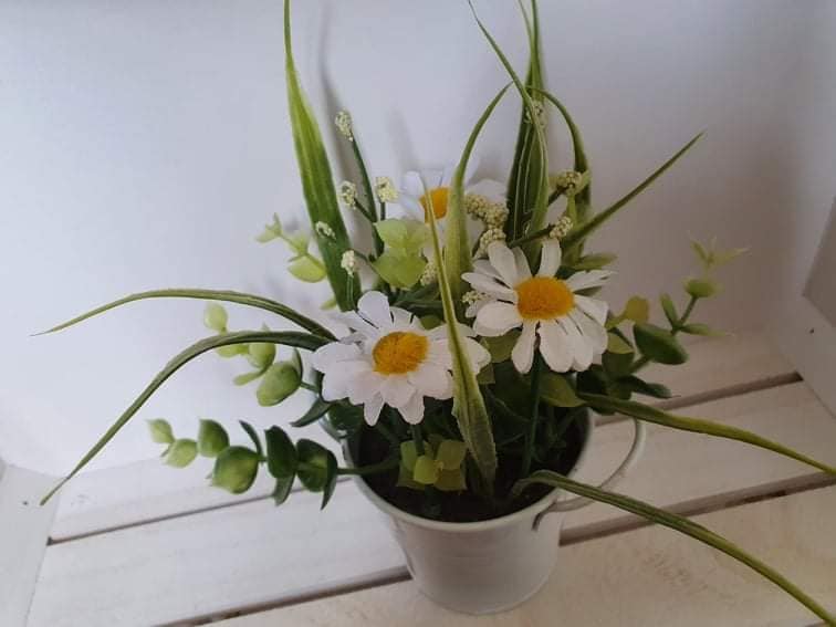 White Flowers In Metal Pot