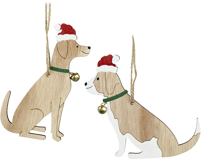 Natural Wooden Dogs with Santa Hats - Tree Decorations - Pair .