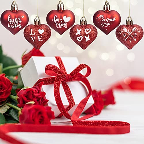 Glitter & Matt Red Hearts Baubles - Set of 6