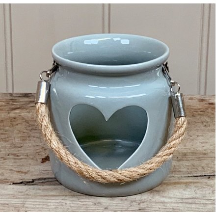 Grey Porcelain Heart T-Light Lantern 10cm