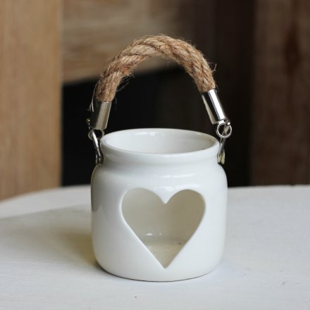 White Porcelain Heart T-Light Lantern 7cm