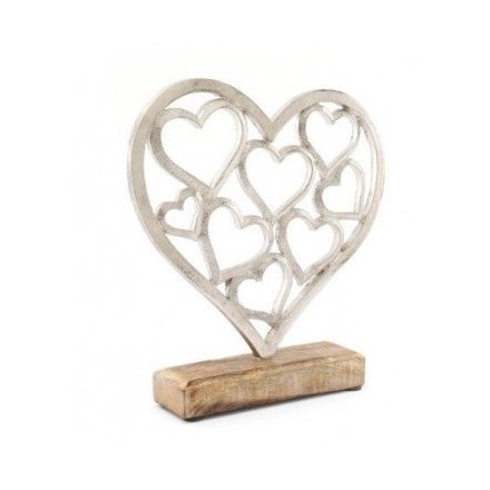 Silver Hearts On Wood Base