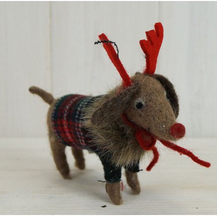 Felt Dog In Tartan Jumper With Reindeer Antlers