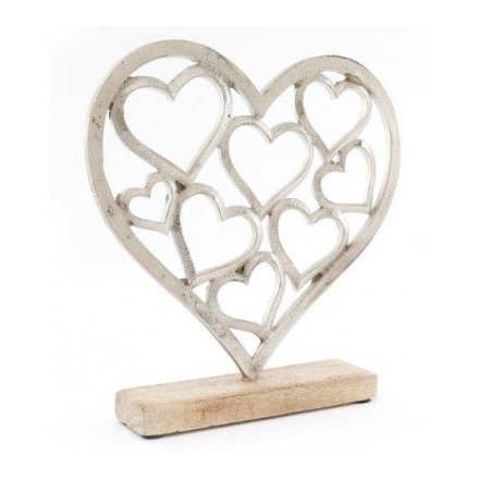 Silver Hearts On Wood Base - Large