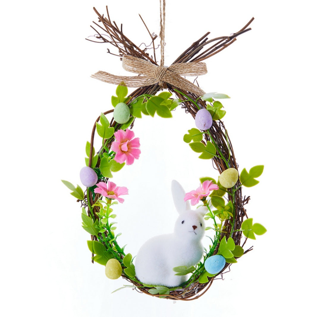 Easter Rabbit On Wicker Wreath With Eggs & Flowers