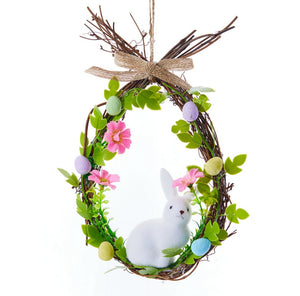 Easter Rabbit On Wicker Wreath With Eggs & Flowers