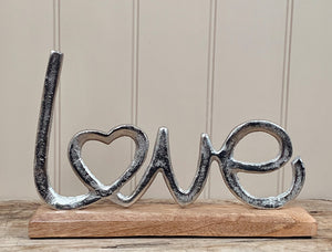 Silver LOVE On Wood Base