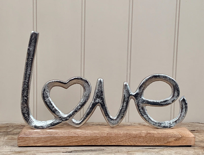 Silver LOVE On Wood Base