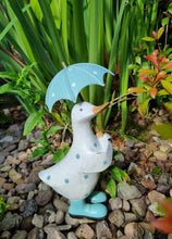 Load image into Gallery viewer, Garden Duck With Brolly - Polka Dot Blue - Small
