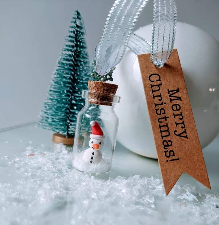 Hand Crafted Santa Snowman In Glass Bottle