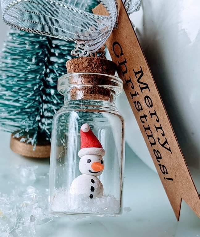 Hand Crafted Santa Snowman In Glass Bottle